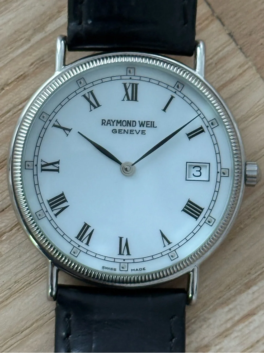 Raymond Weil Geneve Rare Stainless Case Vintage Watch White Dial Leather Strap